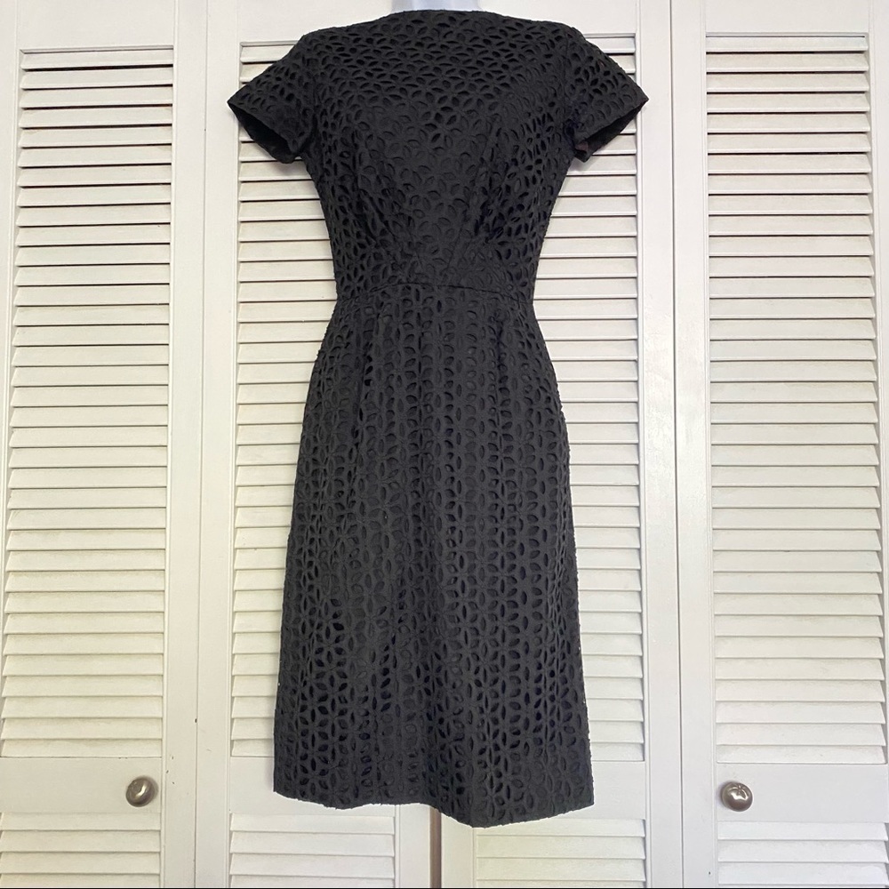 𝅺ALGO Original black tailored dress boat neck overlay 60s MCM needs repair​​​​​